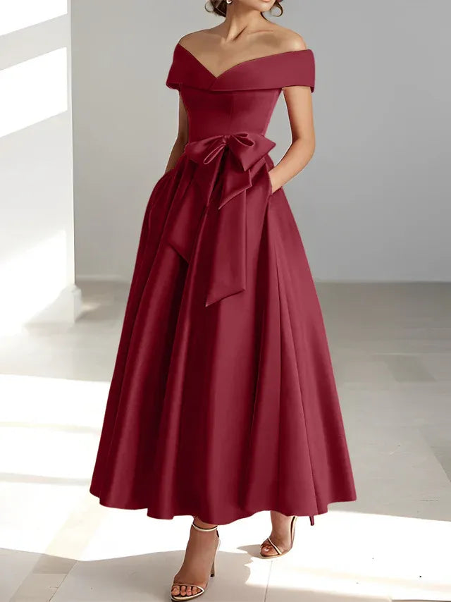 A-Line Off-the-Shoulder Sleeveless Ankle-Length Mother of the Bride Dress with Pockets