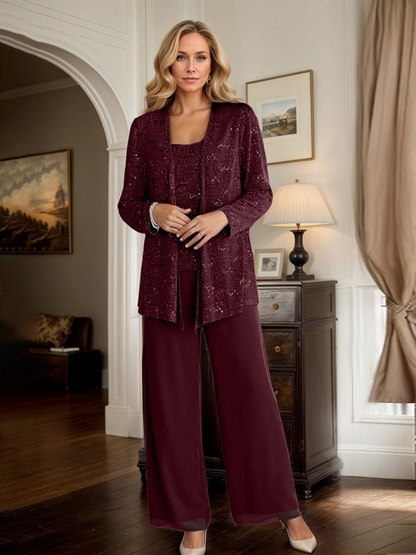 Chiffon Mother of the Bride Pantsuit Set with Jacket and Sequins