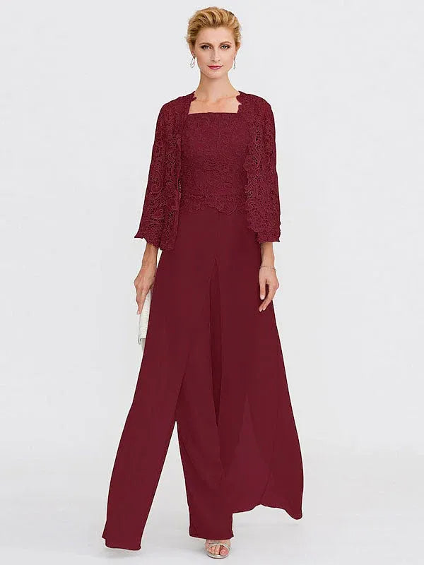 3-Piece Chiffon Square Neck Mother of the Bride Pantsuit Set with Jacket