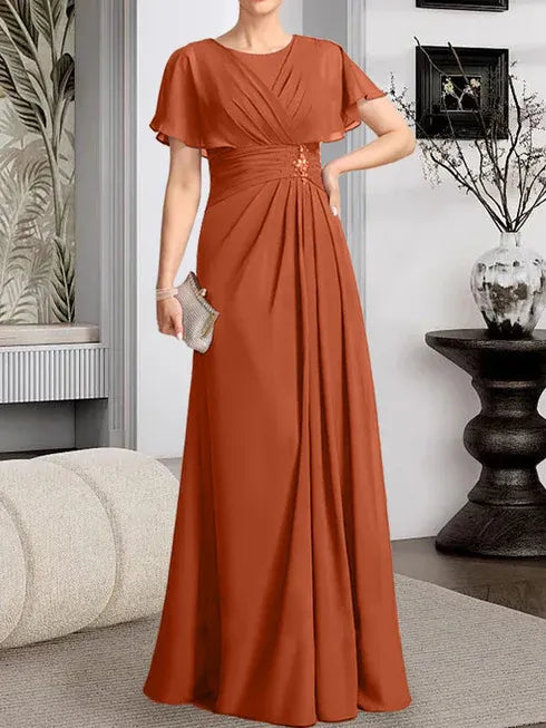A-Line Scoop Neck Floor-Length Chiffon Mother of the Bride Dress with Pleated Beading