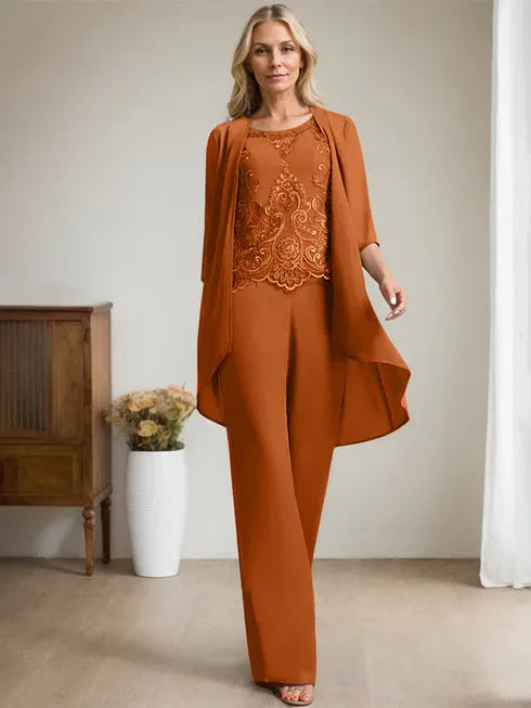 Floor-Length Chiffon Lace Mother of the Bride Jumpsuit/Pantsuit with Scoop Neck, Beading, and Sequins