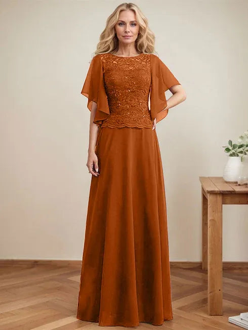 A-Line Scoop Neck Illusion Floor-Length Lace Chiffon Mother of the Bride Dress with Sequins