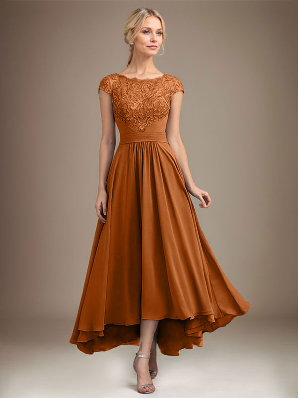 A-Line Scoop Neck Illusion Asymmetrical Lace Chiffon Mother of the Bride Dress with Pleats