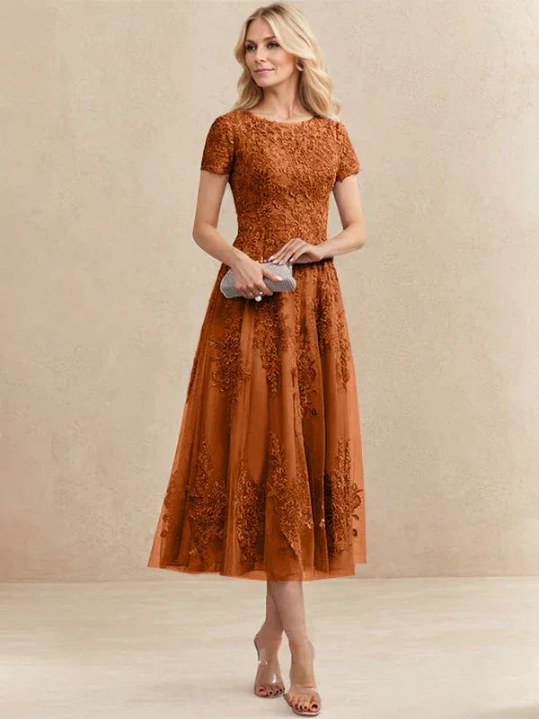 A-Line Scoop Neck Tea-Length Tulle Lace Mother of the Bride Dress