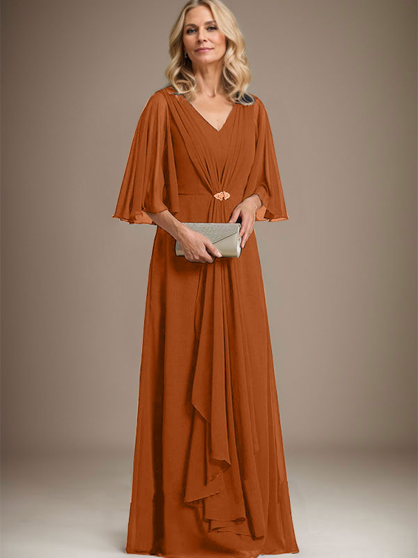 A-Line V-Neck Floor-Length Chiffon Mother of the Bride Dress with Cascading Ruffles and Crystal Brooch
