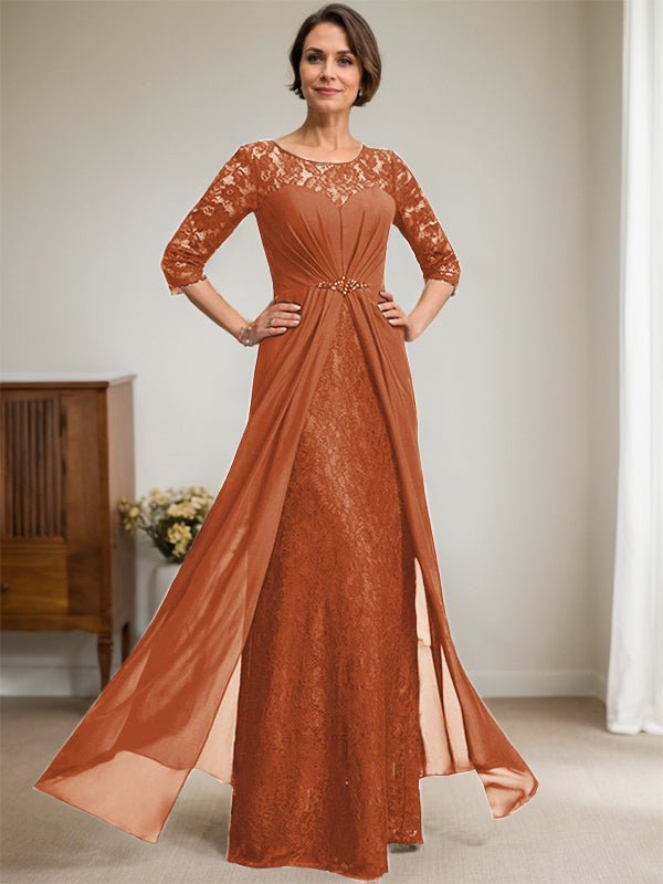 A-Line Scoop Neck Illusion Floor-Length Lace Chiffon Mother of the Bride Dress with Beaded Ruffles