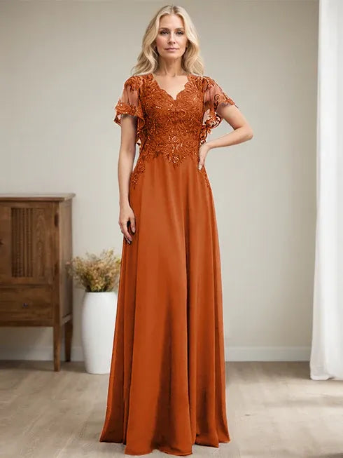 A-Line V-Neck Floor-Length Lace Chiffon Mother of the Bride Dress with Sequins