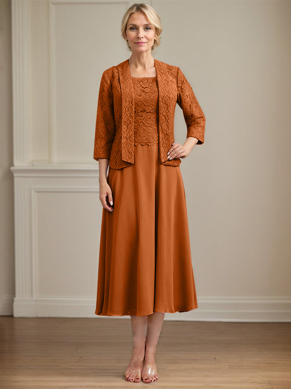 A-Line Scoop Neck Tea-Length Lace Chiffon Mother of the Bride Dress