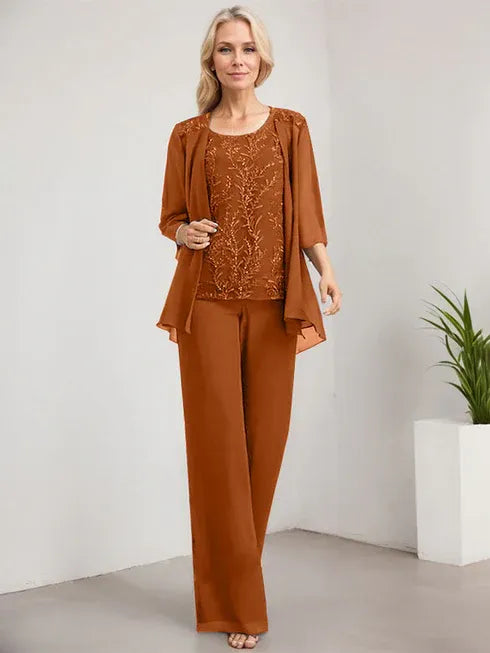 Floor-Length Lace Chiffon Mother of the Bride Jumpsuit/Pantsuit with Scoop Neck and Sequins