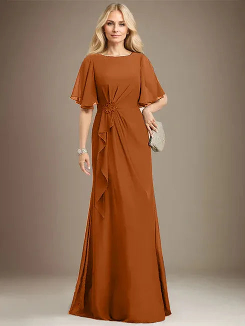 A-Line Scoop Floor-Length Chiffon Mother of the Bride Dress with Cascading Ruffles, Beading, and Sequins