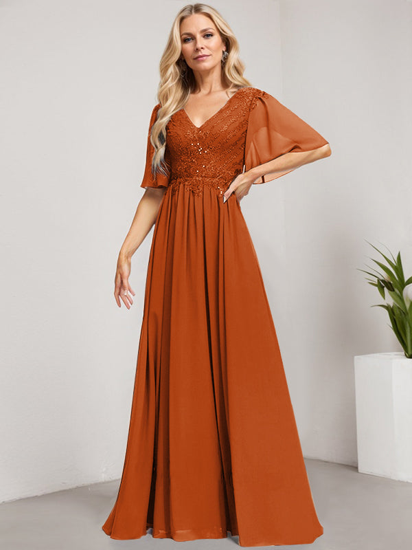 A-Line V-Neck Floor-Length Lace Chiffon Mother of the Bride Dress with Sequins