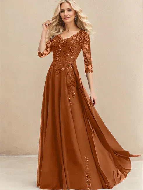 A-Line V-Neck Floor-Length Lace Chiffon Mother of the Bride Dress with Sequins
