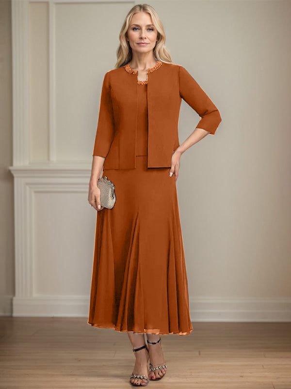A-line Scoop Tea-Length Chiffon Mother of the Bride Dress with Sequins and Beading Separates