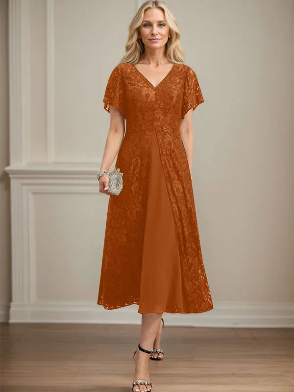 A-Line V-Neck Tea-Length Lace Chiffon Mother of the Bride Dress