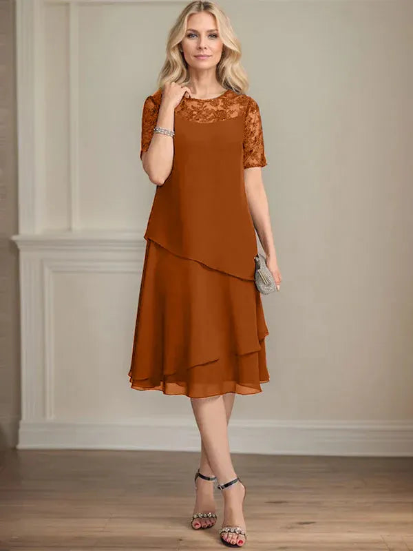 A-Line Scoop Neck Illusion Knee-Length Lace Chiffon Mother of the Bride Dress with Sequins