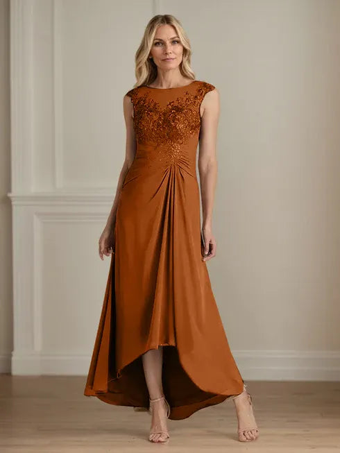 Champagne A-Line Lace and Chiffon Scoop Neck Dress