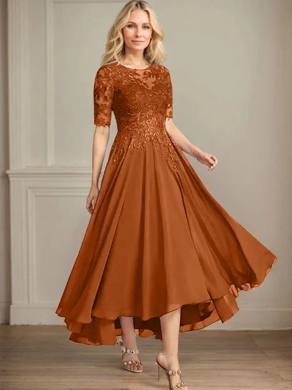 A-Line Scoop Neck Illusion Asymmetrical Chiffon and Lace Mother of the Bride Dress with Sequins