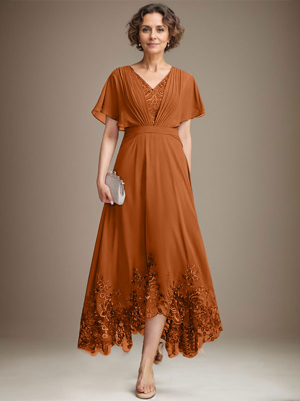 A-Line V-Neck Asymmetrical Lace Chiffon Mother of the Bride Dress with Pleats