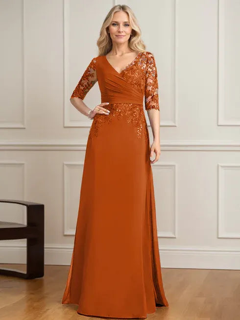 A-Line V-Neck Floor-Length Lace and Chiffon Mother of the Bride Dress with Pleated Sequins