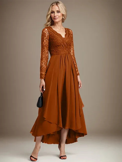 A-Line V-Neck Asymmetrical Lace Chiffon Mother of the Bride Dress