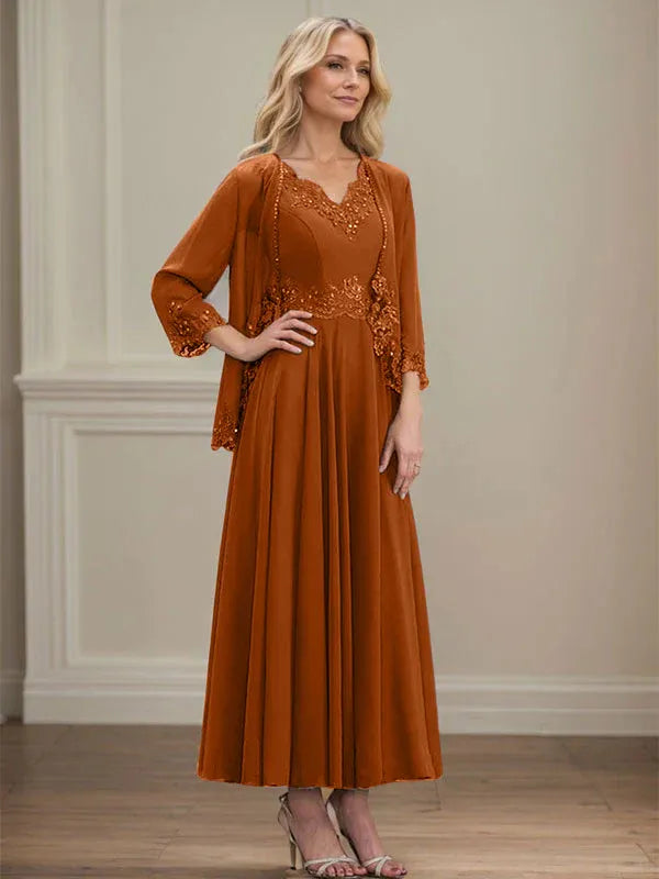 A-Line V-Neck Chiffon Mother of the Bride Dress with Sequins, Appliques, Lace, and Beading at Ankle Length
