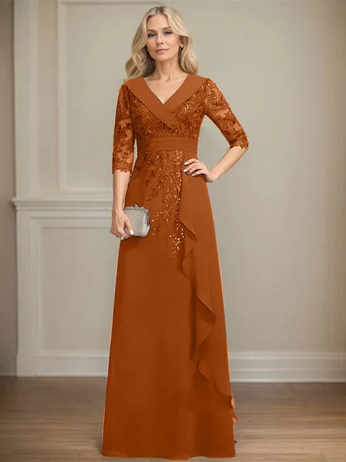 A-Line Collared V-Neck Floor-Length Lace Chiffon Mother of the Bride Dress with Sequins and Cascading Ruffles