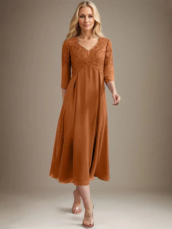 A-Line V-Neck Tea-Length Chiffon Lace Mother of the Bride Dress with Beading