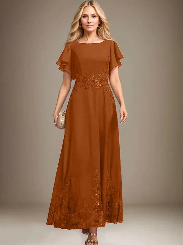 A-Line Scoop Neck Ankle-Length Lace and Chiffon Mother of the Bride Dress with Sequins