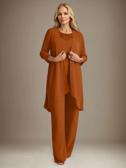 Chiffon Scoop Neck Long Sleeve Mother of the Bride Pantsuit with Jacket