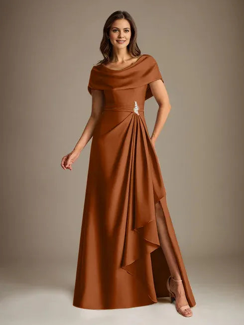 A-Line Scoop Neck Floor-Length Stretch Satin Mother of the Bride Dress with Cascading Ruffles