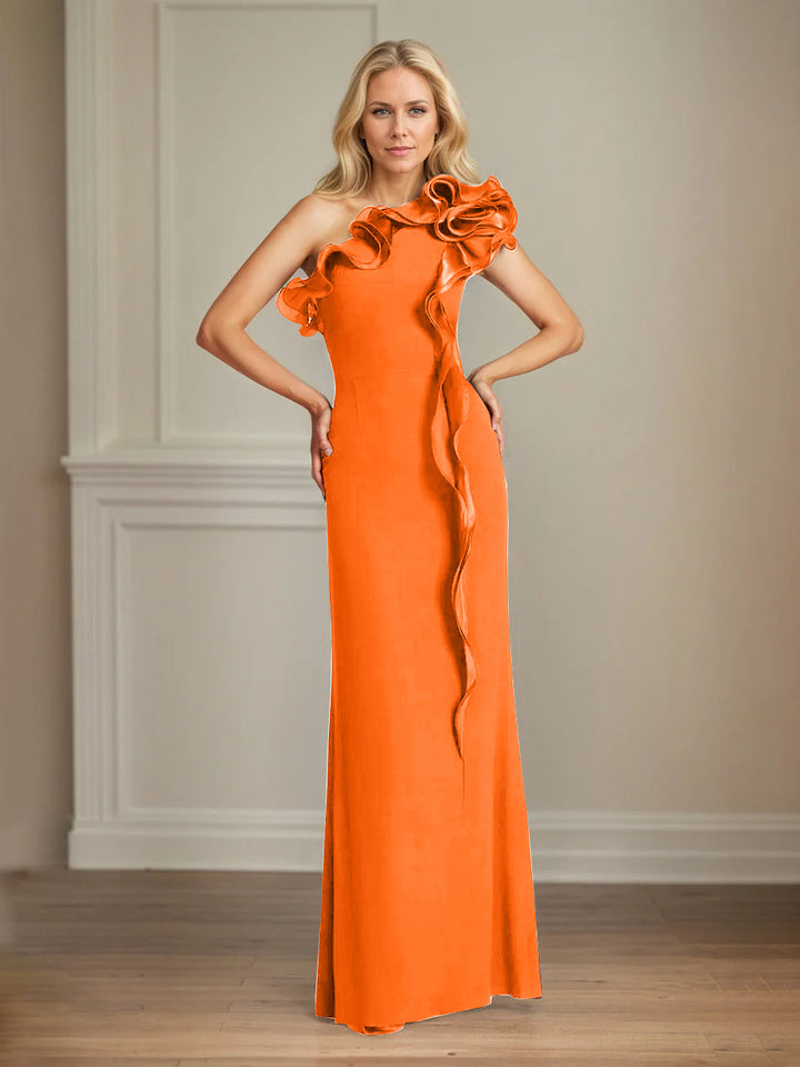 Navy Stretch Crepe One-Shoulder Sheath Dress with Ruffles – Floor-Length Mother of the Bride Gown