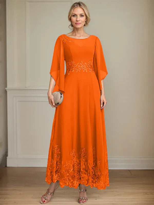 A-Line Scoop Neck Illusion Lace Chiffon Mother of the Bride Dress with Sequins and Ankle-Length Hem