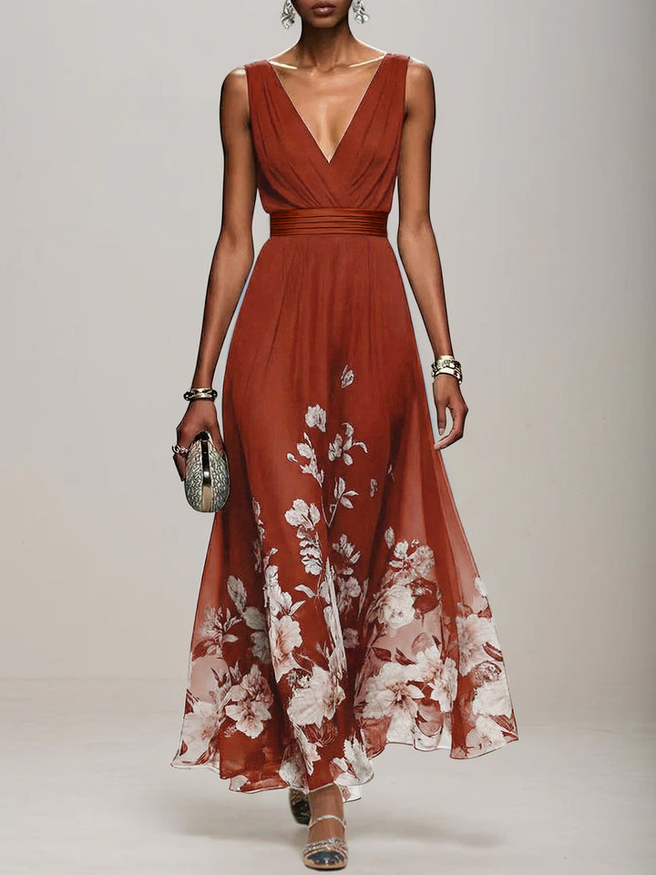 Light Blue Floral Chiffon V-Neck Sleeveless A-Line Maxi Dress