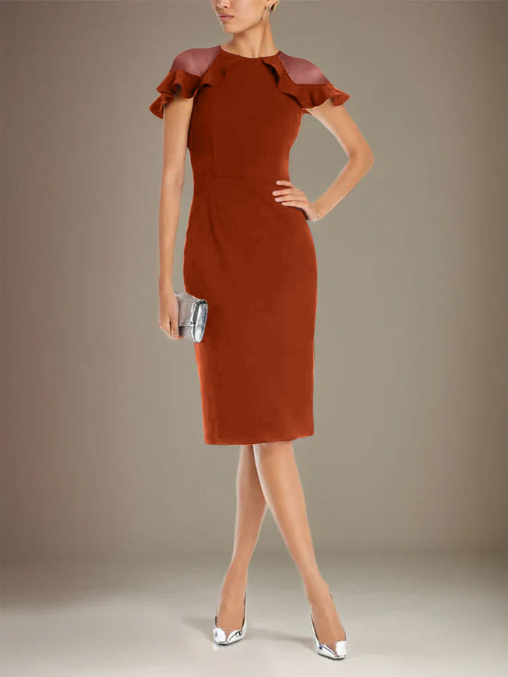 Sheath Dress with Column Stretch Crepe, Scoop Neck, Short Sleeves, Knee Length