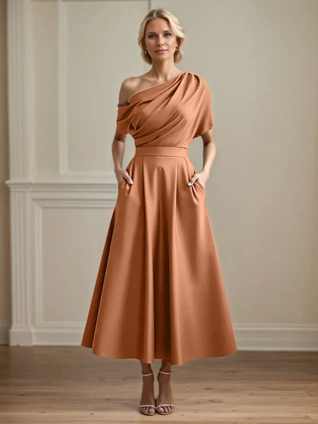 One-Shoulder Satin A-Line Pleated Ankle-Length Mother of the Bride Dress