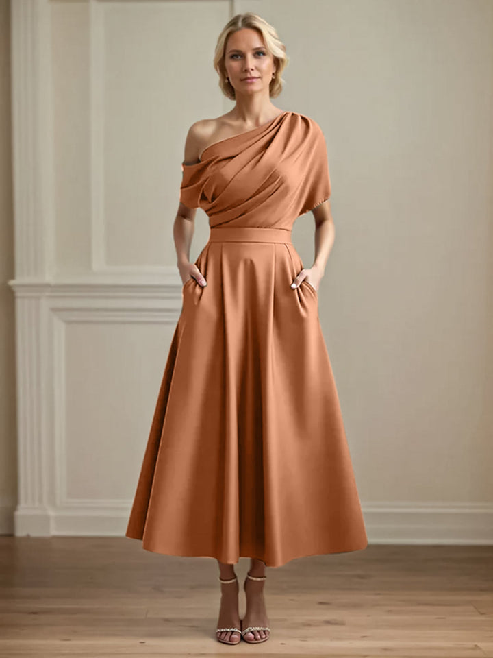 One-Shoulder Satin A-Line Pleated Ankle-Length Mother of the Bride Dress