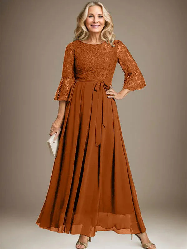 A-Line Scoop Neck Ankle-Length Lace Chiffon Mother of the Bride Dress with Bow