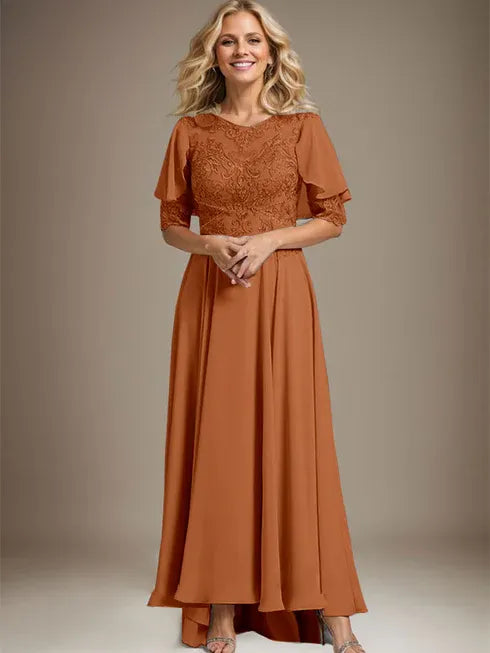 A-Line Scoop Neck Illusion Asymmetrical Chiffon and Lace Mother of the Bride Dress with Beading