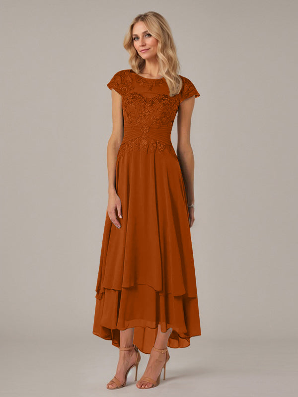 A-Line Boat Neck Illusion Asymmetrical Chiffon Lace Mother of the Bride Dress with Applique and Pleats