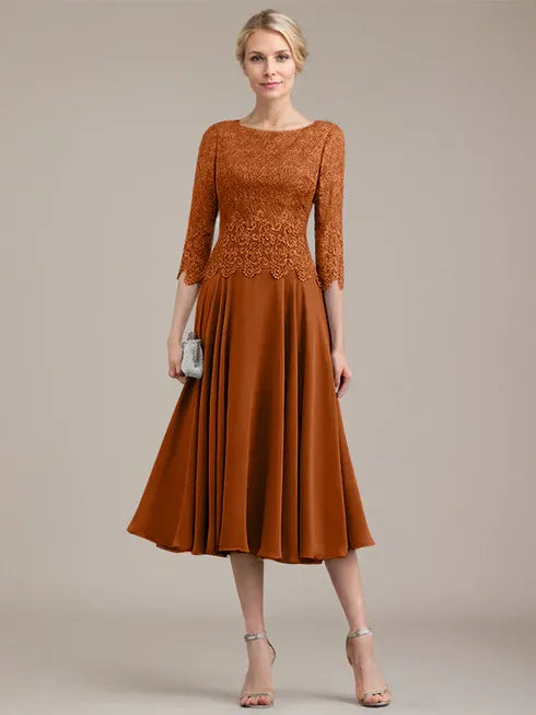 A-Line Scoop Neck Tea-Length Lace Chiffon Mother of the Bride Dress