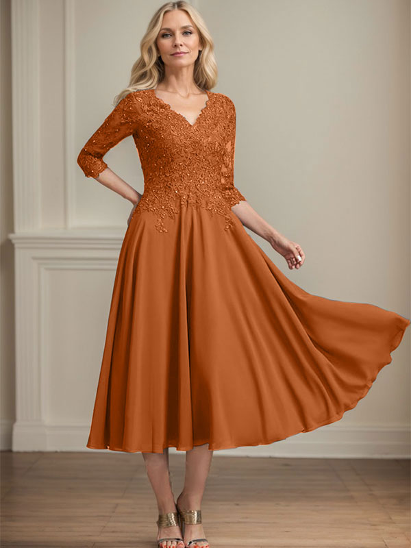 A-Line V-Neck Tea-Length Chiffon and Lace Mother of the Bride Dress with Beading and Sequins