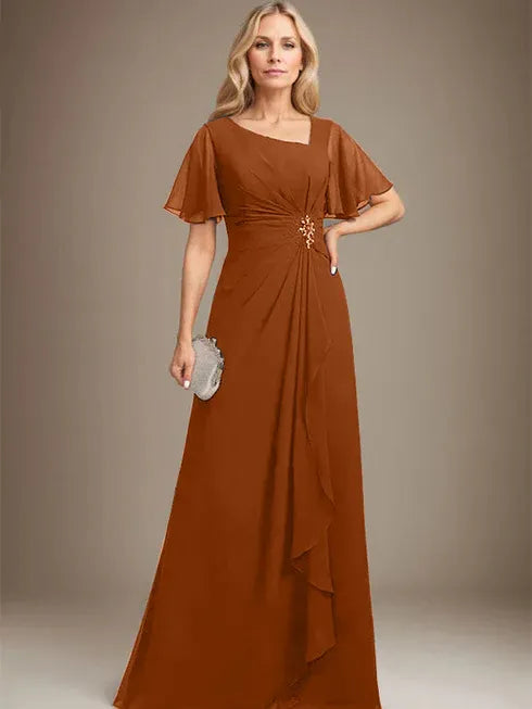 A-Line Asymmetrical Floor-Length Chiffon Mother of the Bride Dress with Pleated Beading and Sequins