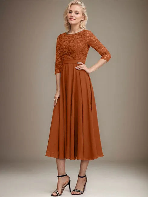 A-Line Scoop Neck Tea-Length Lace Chiffon Mother of the Bride Dress with Sequins