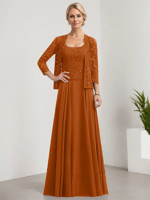 A-Line Square Neck Floor-Length Lace and Chiffon Mother of the Bride Dress with Sequins