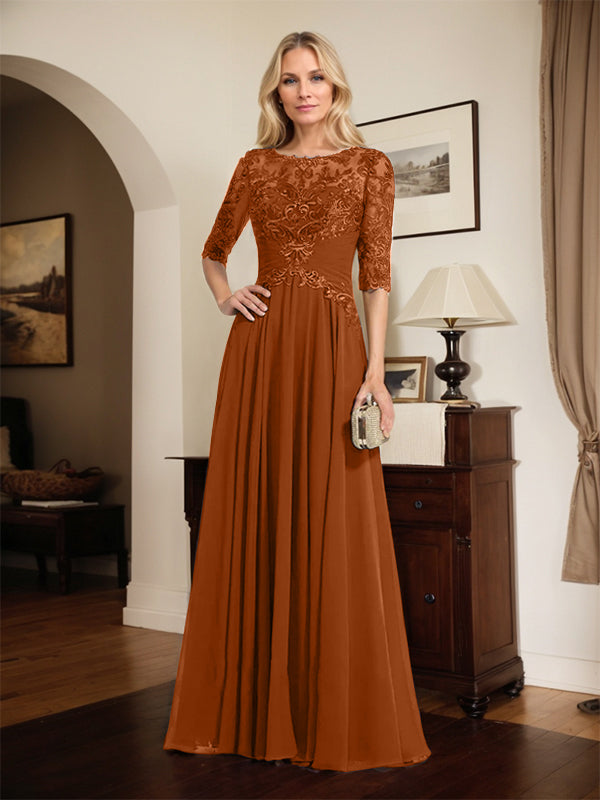 A-Line Scoop Neck Illusion Floor-Length Chiffon and Lace Mother of the Bride Dress with Pleated Sequins