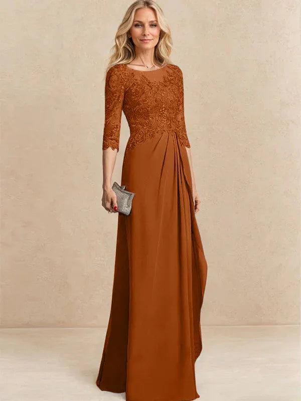 A-Line Scoop Illusion Floor-Length Chiffon and Lace Mother of the Bride Dress with Beading, Sequins, and Cascading Ruffles