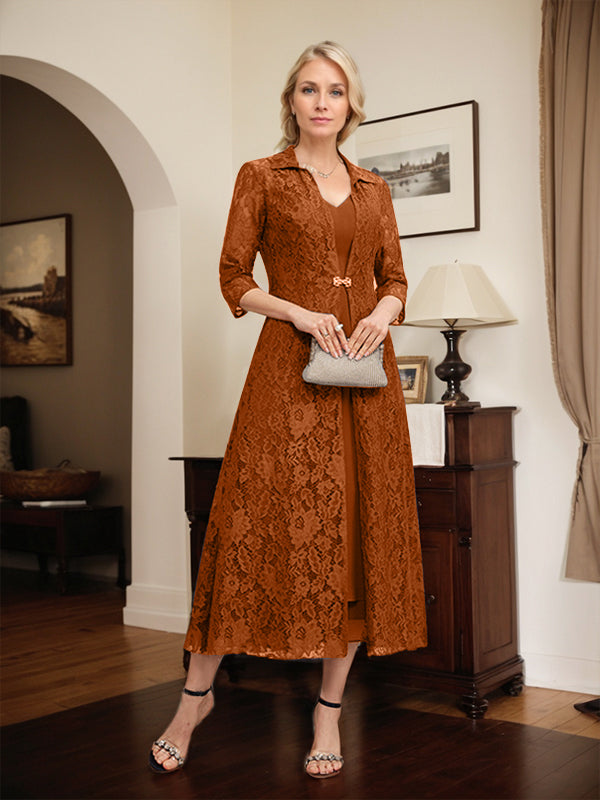 A-Line V-Neck Tea-Length Chiffon Mother of the Bride Dress