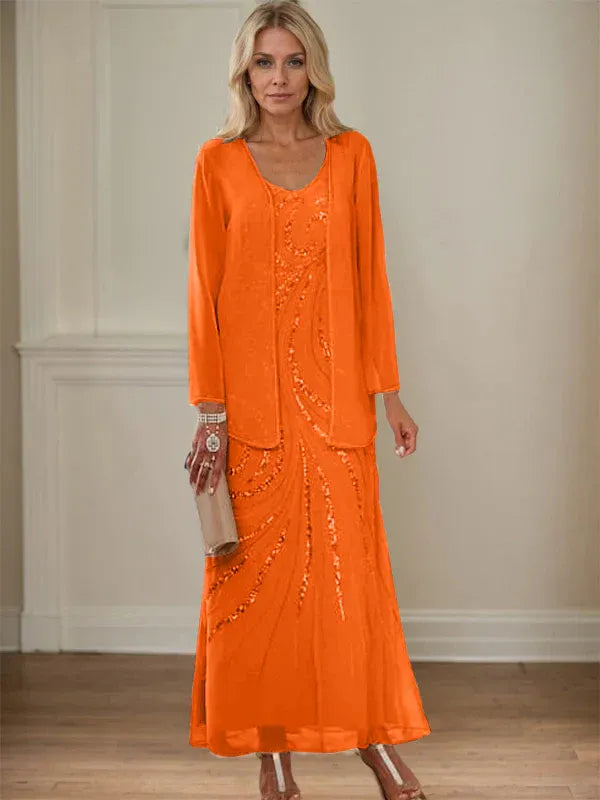 Sheath/Column V-Neck Ankle-Length Mother of the Bride Dresses with Jacket & Sequins