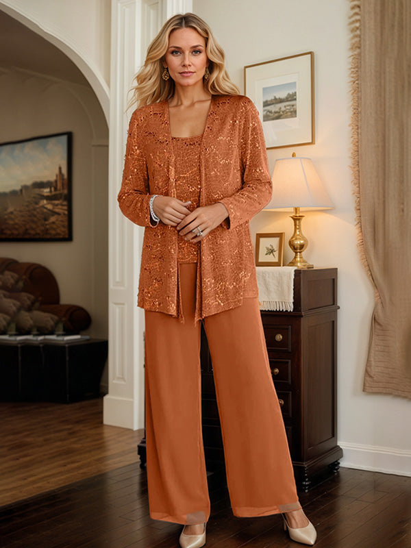 Chiffon Mother of the Bride Pantsuit Set with Jacket and Sequins