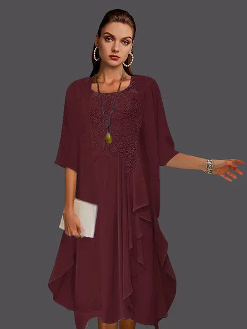 Two-Piece A-Line Chiffon Lace Sleeveless Jacket Dress with Pleats and Appliques